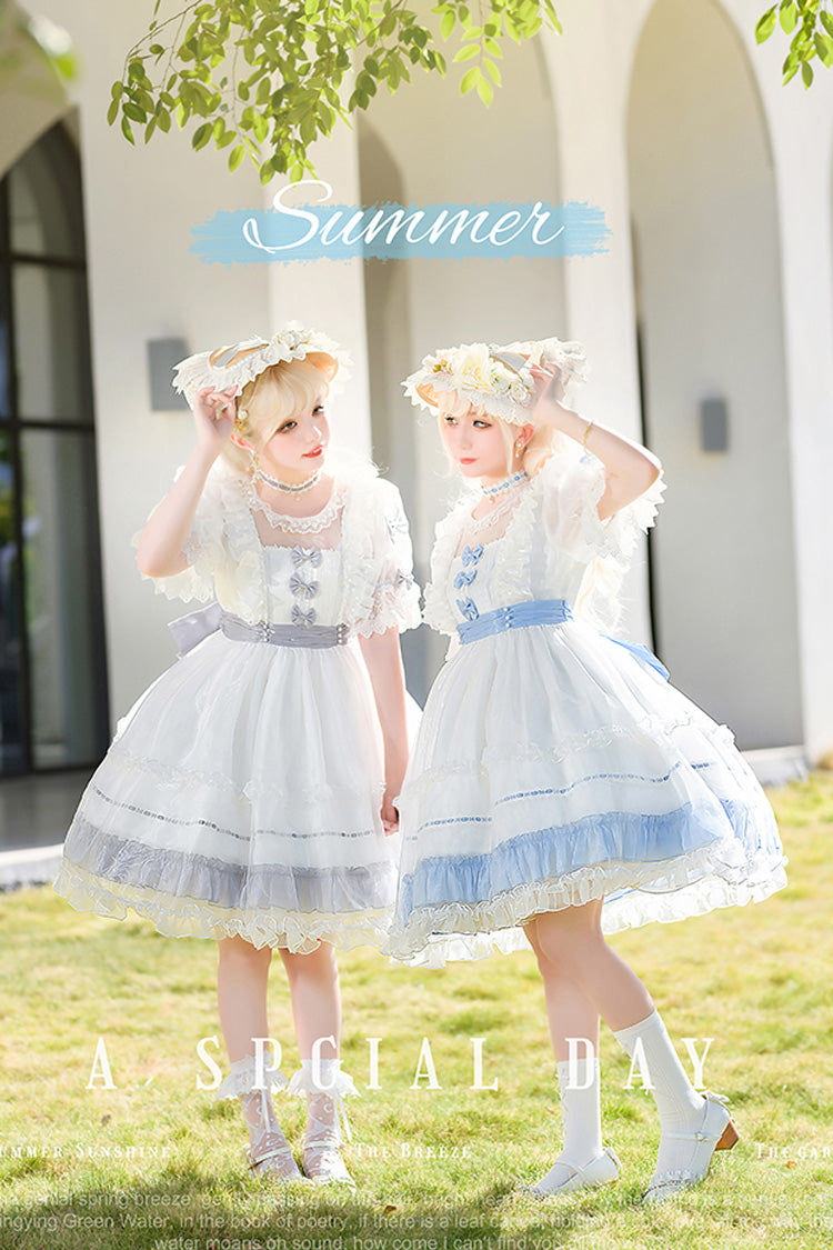 [Moonlight Sonata] Short Sleeves Ruffle Bowknot Lace Sweet Lolita Dress 4 Colors - Grey/White - 12