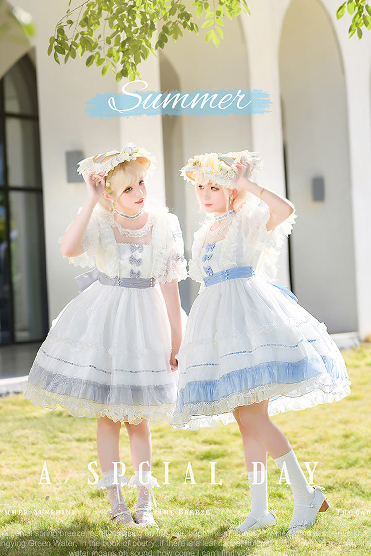 [Moonlight Sonata] Short Sleeves Ruffle Bowknot Lace Sweet Lolita Dress 4 Colors - Grey/White - 12