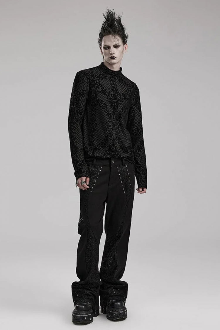 Black High Collar Long Sleeves Flocking Print Mens Gothic T-Shirt - Product - 4