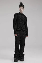 Black High Collar Long Sleeves Flocking Print Mens Gothic T-Shirt - Product - 4