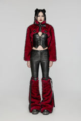 Red Stand Collar Long Sleeves Women's Punk Faux Fur Short Jacket - Product - 4