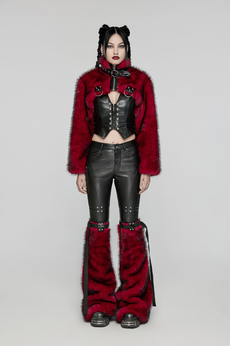 Red Stand Collar Long Sleeves Women's Punk Faux Fur Short Jacket - Product - 4