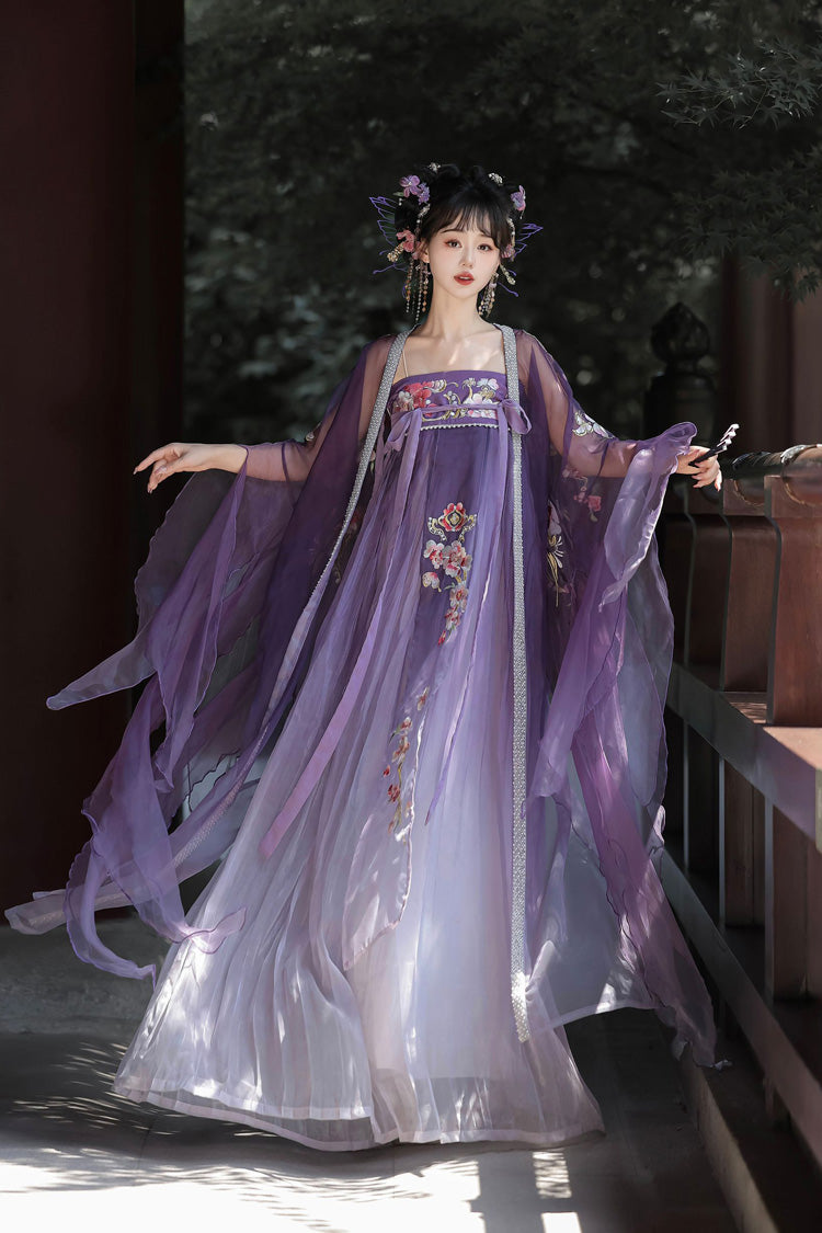 Purple Long Sleeves Embroidery Sweet Tang-style Hezi Hanfu Dress Full Set - Product - 2