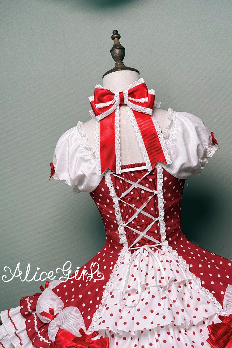Wine Red Halterneck Short Sleeves Triple-Layered Polka Dot Printed Bow Lace-Up Sweet Lolita Dress - Product - 13