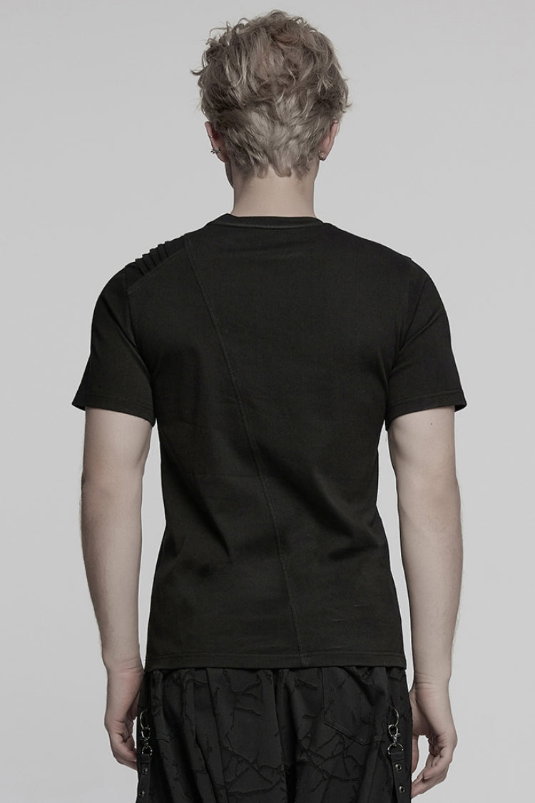 Black Round Collar Short Sleeves Pocket Denim Men's Punk T-Shirt - Product - 3