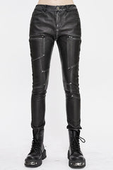 Black Punk Biker Block Shaped Patchwork Hand Rubbed Leather Womens Pants - Black - 1