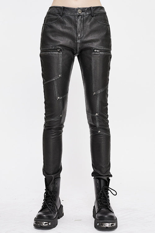 Black Punk Biker Block Shaped Patchwork Hand Rubbed Leather Womens Pants - Black - 1