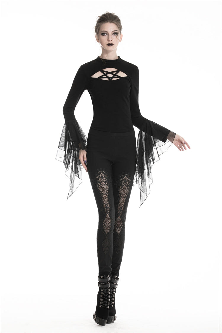 Black Floral Cut-Out Lace-Up Women's Gothic Leggings - Product - 7