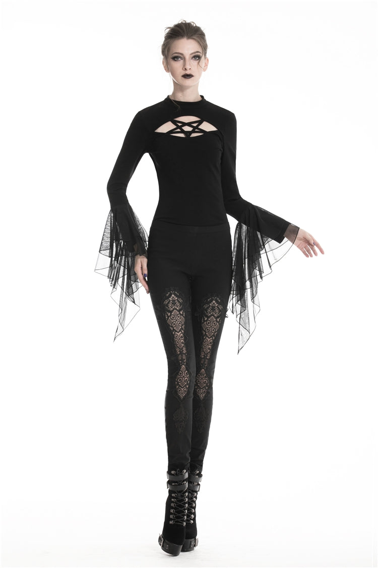 Black Floral Cut-Out Lace-Up Women's Gothic Leggings - Product - 7