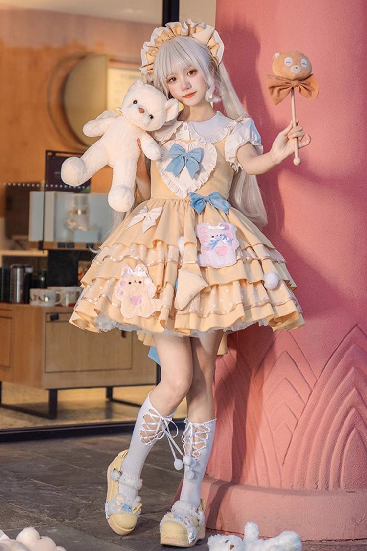 Yellow Bear Cheese Multi-layer Print Ruffle Bowknot Sweet Lolita Dress - Yellow - 1