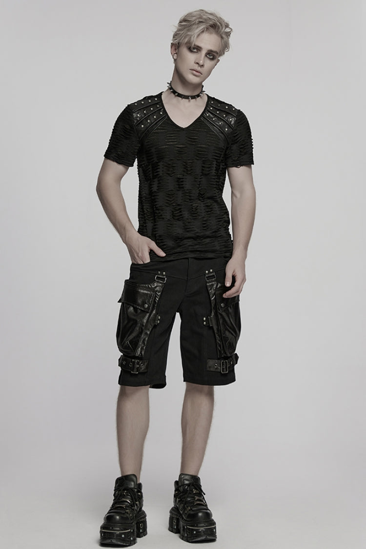 Black Big-pocket Faux Leather Stitching Men's Punk Shorts - Product - 4