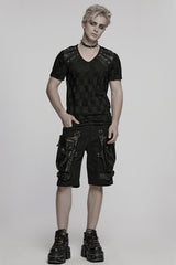 Black Big-pocket Faux Leather Stitching Men's Punk Shorts - Product - 4