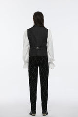 Black Sleeveless Jacquard Buckle Zip Men's Gothic Waistcoat - Product - 6