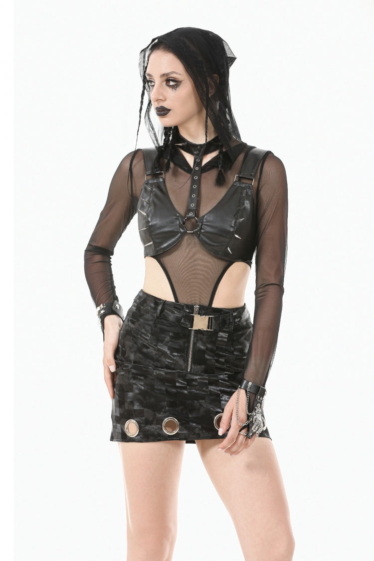 Black Metal Studded Women's Punk Faux Leather Bustier Crop Top with Adjustable Clasps - Black - 1