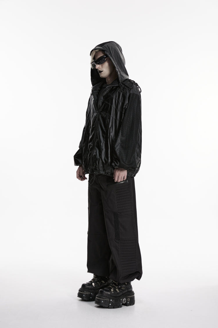 Black Lapel Collar Long Lantern Sleeves Lace-Up Hooded Mesh Zippered Men's  Punk Cool Jacket - Product - 2