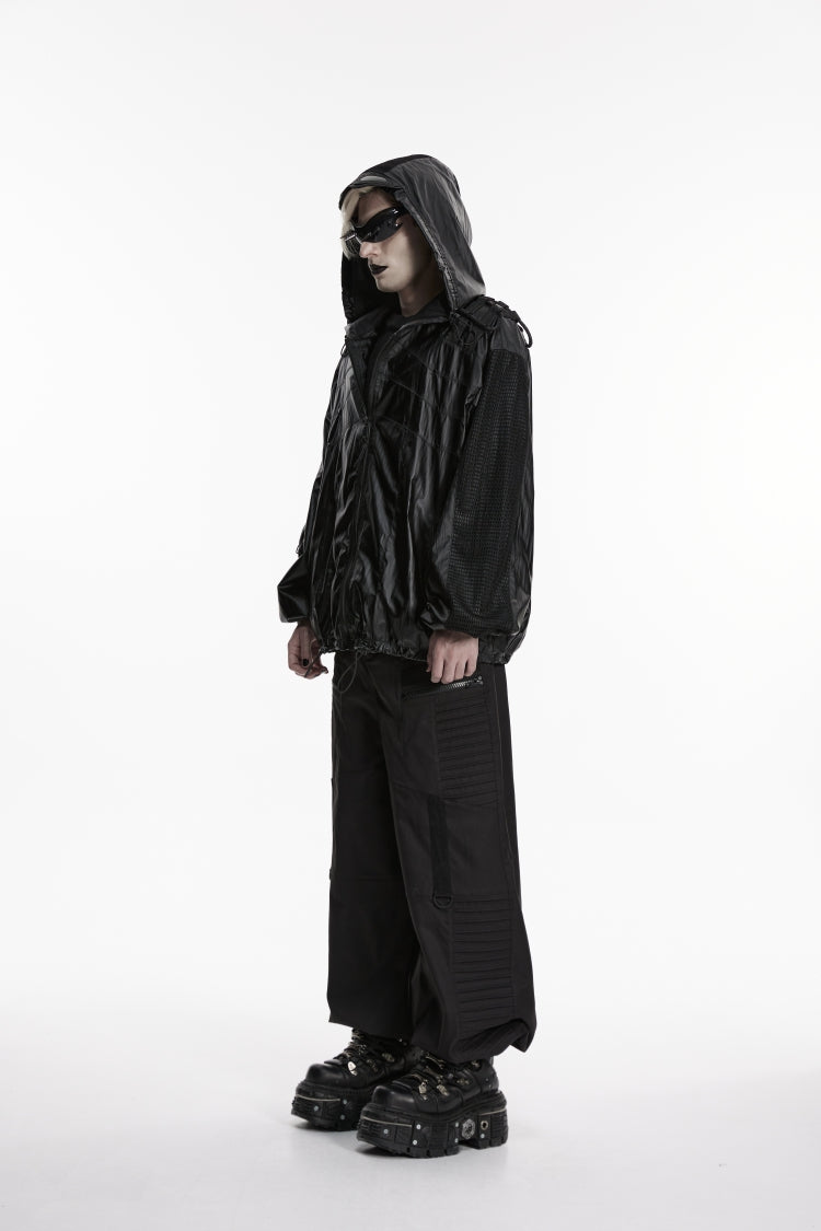Black Lapel Collar Long Lantern Sleeves Lace-Up Hooded Mesh Zippered Men's  Punk Cool Jacket - Product - 2