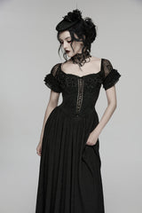 Black Off Shoulder Short Puff Sleeves Ruffled Hanayome Embroidered Lace Women's Gothic Elegant Gorgeous Dress - Product - 8