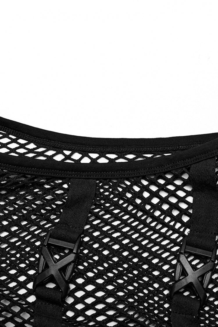 Black Stand Collar Sleeveless Straps Mesh Buckle Men's Punk Vest - Product - 8