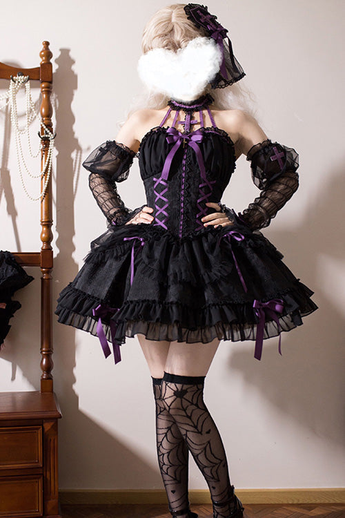 Black Purple Tube Top Sleeveless Blowknot Ruffled Gothic Lolita Tiered Dress - Product - 2