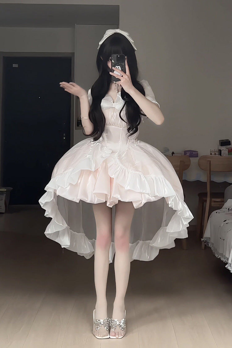 Pink Boat Neck Ruffled Bow Sweet Princess Lolita Dress - Product - 10