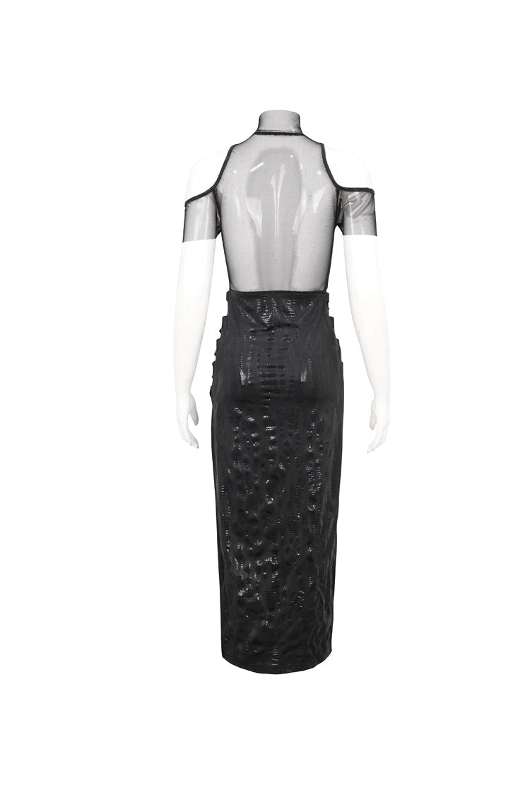 Black Off The Shoulder Irregular Knit Paneled Mesh Side Slit Women's Punk Dress - Product - 10