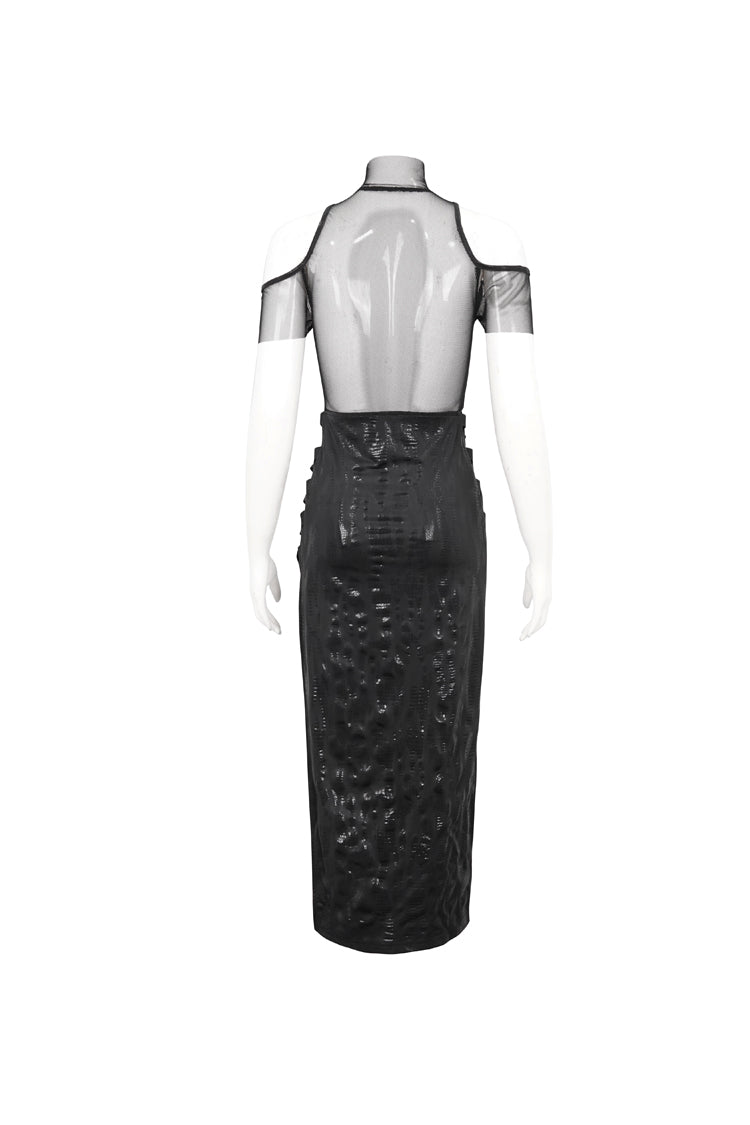 Black Off The Shoulder Irregular Knit Paneled Mesh Side Slit Women's Punk Dress - Product - 10