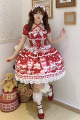 Red [Strawberry Parfait] Print Short Sleeves Ruffle Bowknot Lace Lace-Up Sweet Lolita Dress - Product - 8
