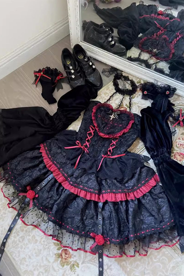 Black/Red Witch Vampire Rose Long Sleeves Print Ruffle Lace-Up Gothic Punk Lolita Dress - Product - 3