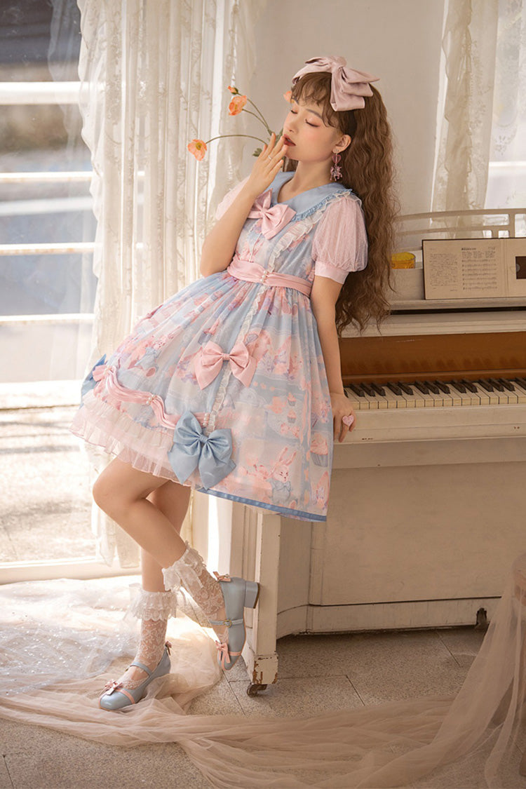 Pink/Blue Doll Collar Short Sleeves Rabbit Candy Paper Print High Waisted Sweet Lolita OP Dress - Product - 2