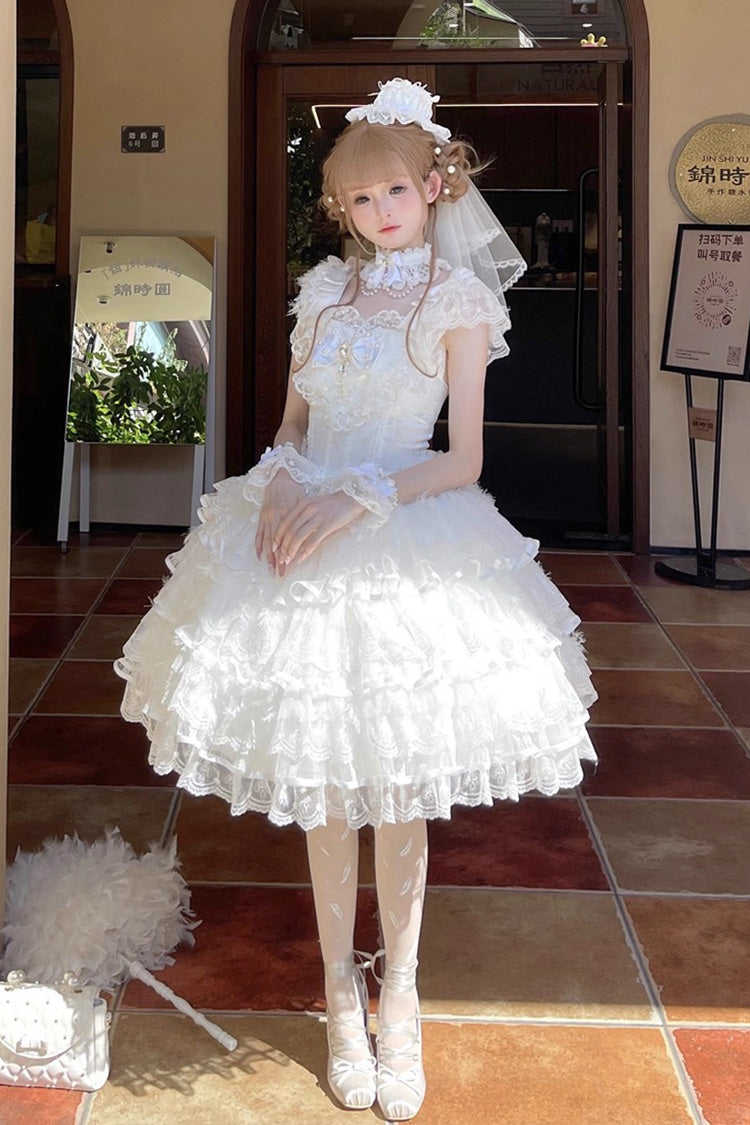 White [Ballad of Feathers] Sleeveless Multi-Layered Ruffle Hanayome Bowknot Sweet Lolita Jsk Dress - White - 1