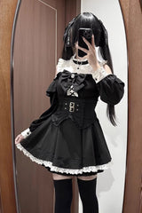Black/White Off Shoulder Long Sleeves Ruffled Jirai Kei Japanese Dress Set - Black/White - 1