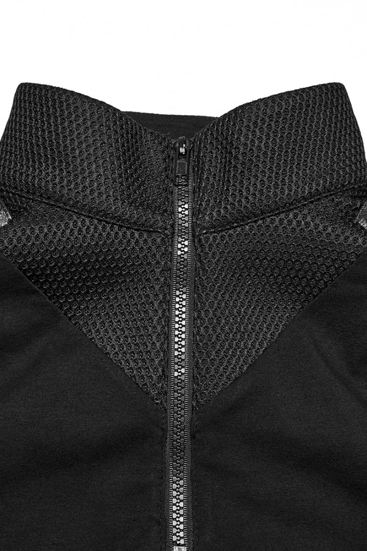 Black Stand Collar Sleeveless Stitching Mesh Zipper Men's Punk Vest - Product - 5