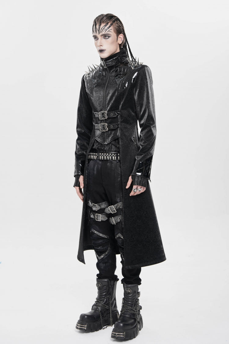Black Stand Collar Floral Print Rivet Buckle Zipper Straps Men's Punk Coat - Product - 2