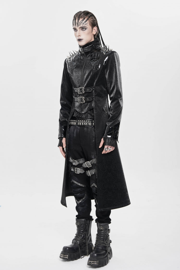 Black Stand Collar Floral Print Rivet Buckle Zipper Straps Men's Punk Coat - Product - 2