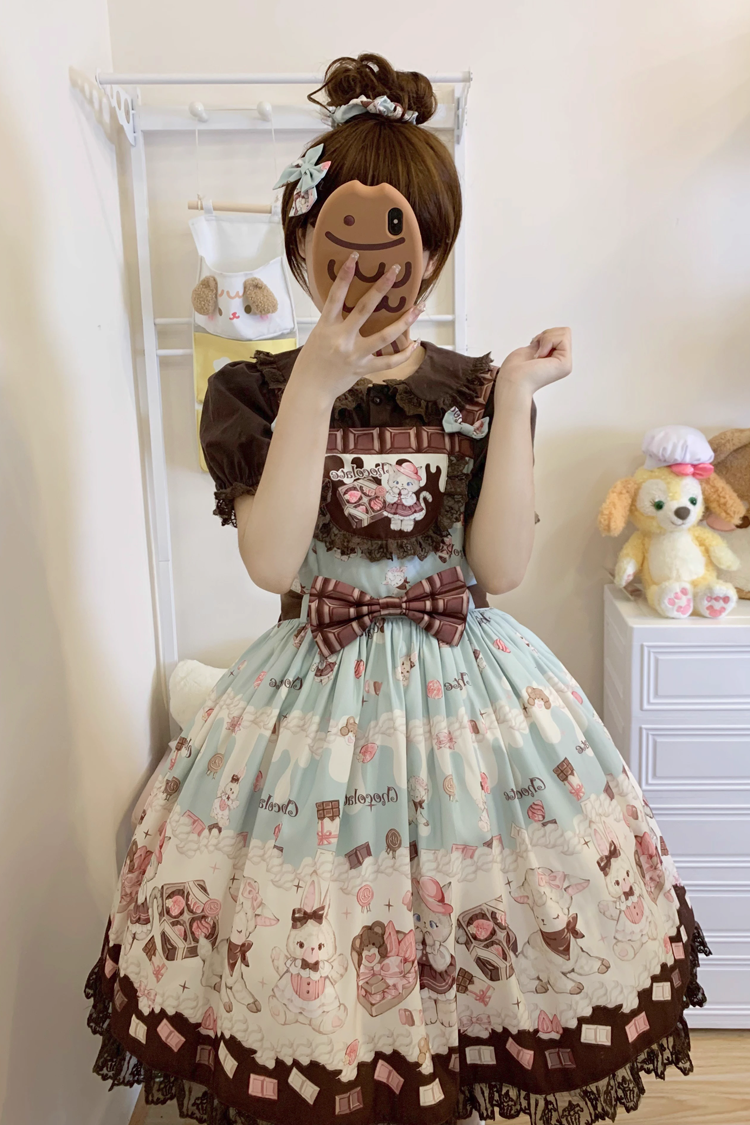 Chocolate Rosette Cat Print Bowknot Stitching Lace Sweet Lolita Jsk Dress 4 Colors - Green - 3