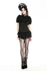 Black Point Collar Short Puff Sleeves Ruffled Women's Gothic Blouse - Product - 6