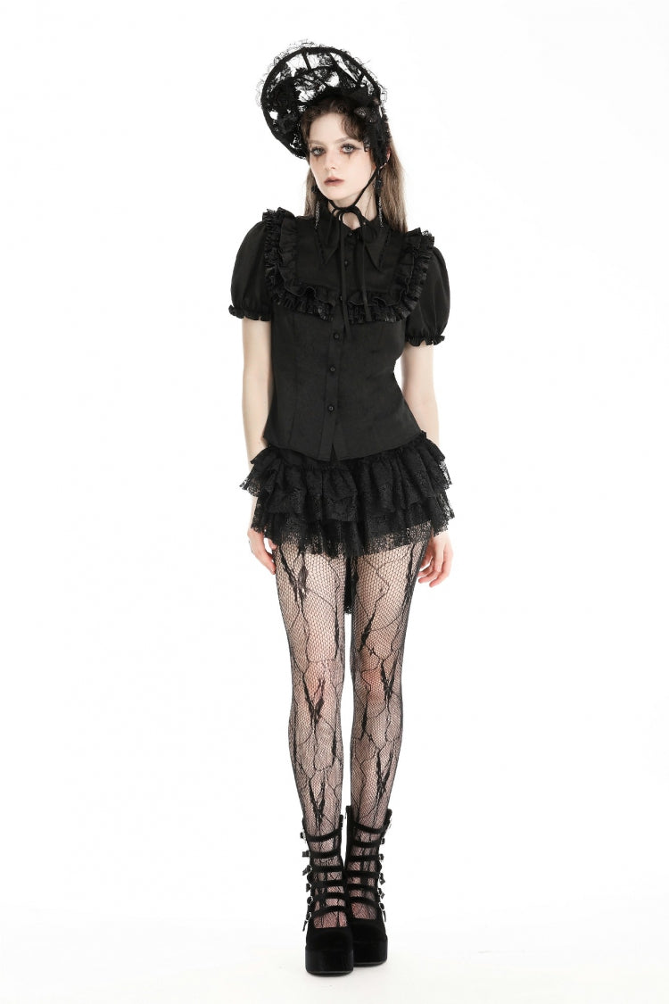 Black Point Collar Short Puff Sleeves Ruffled Women's Gothic Blouse - Product - 6