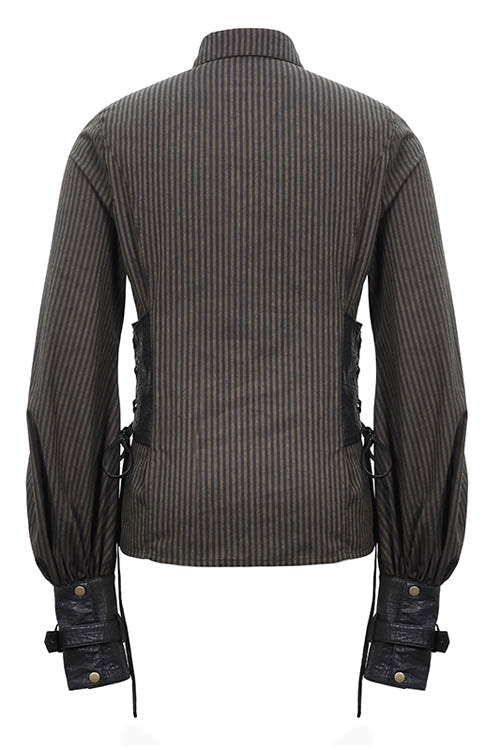 Brown Striped Waist Cuff Leather Mens Punk Blouse - Product - 6