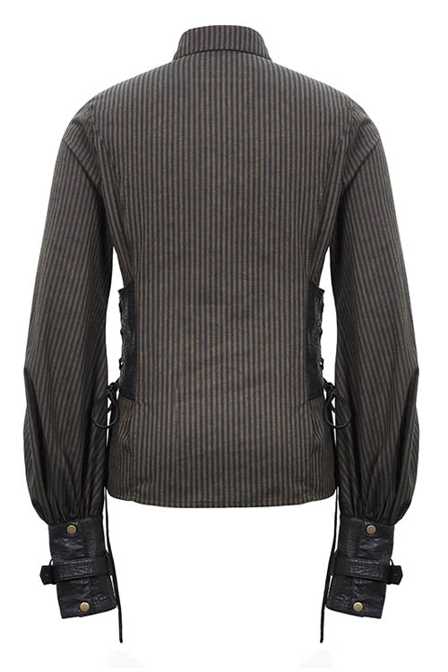 Brown Striped Waist Cuff Leather Mens Punk Blouse - Product - 6