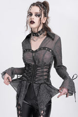 Black Long Sleeves Embroidery Lace-Up Irregular Sheer Women's Gothic Blouse - Product - 4