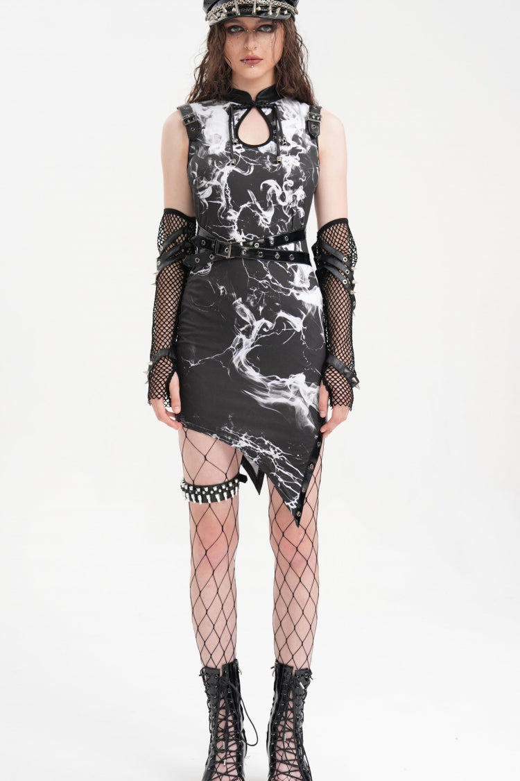Black Print Hollow Buckle-up Irregular Hem Women's Gothic Dress - Product - 6