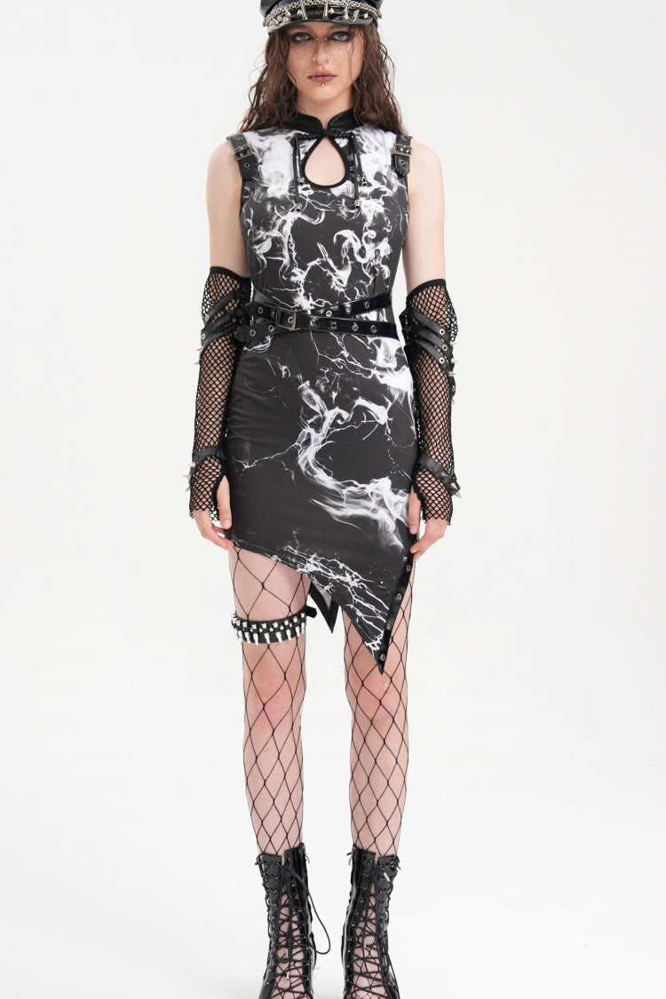 Black Print Hollow Buckle-up Irregular Hem Women's Gothic Dress - Product - 6