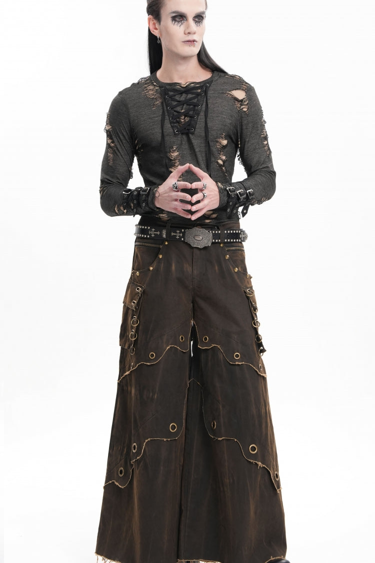 Coffee Eyelet Men's Gothic Pants Pocket Trousers - Product - 5