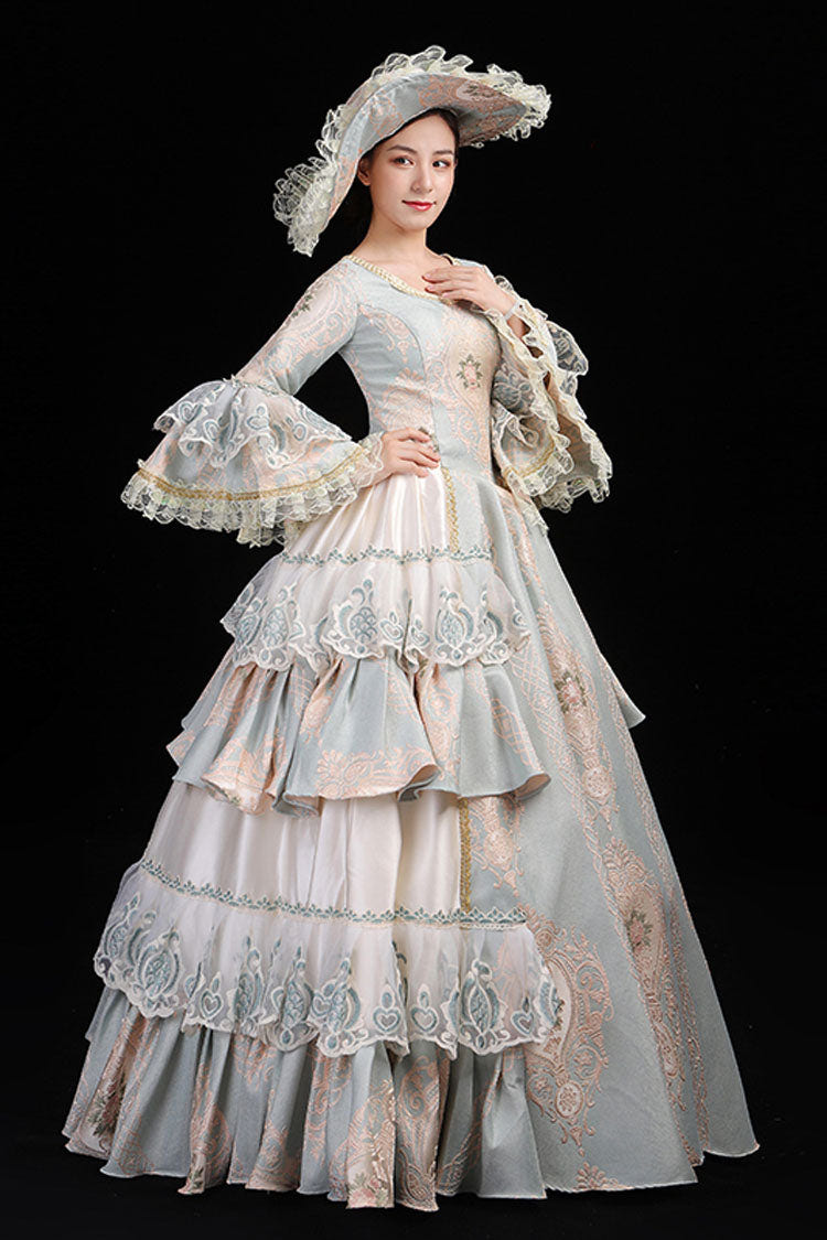 Light Blue Hime Sleeves High Waisted Round Collar Lace Stitching Hollow Embroidery Flower Print Victorian Lolita Prom Dress - Product - 3