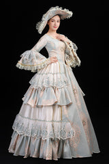 Light Blue Hime Sleeves High Waisted Round Collar Lace Stitching Hollow Embroidery Flower Print Victorian Lolita Prom Dress - Product - 3