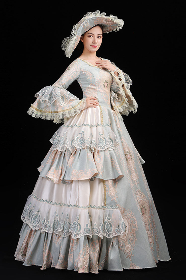 Light Blue Hime Sleeves High Waisted Round Collar Lace Stitching Hollow Embroidery Flower Print Victorian Lolita Prom Dress - Product - 3