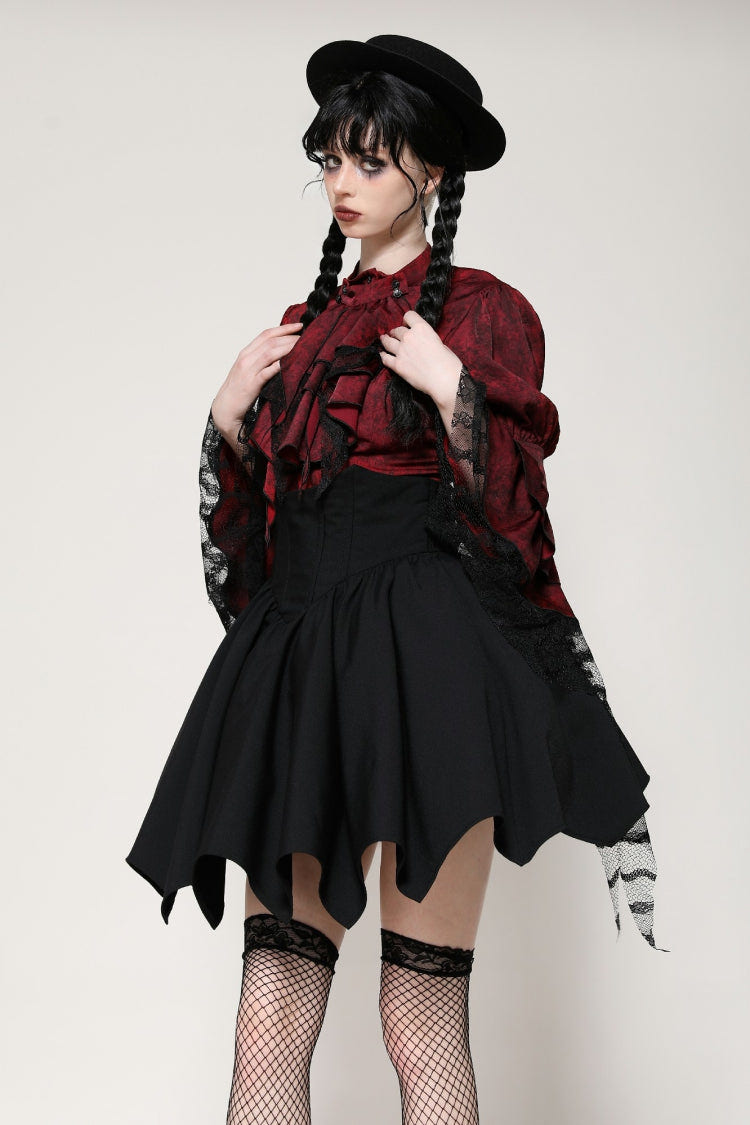 Red Multi-Layered Frilly Lace Long Hime Sleeves Lace-Up Women's Gothic Blouse - Product - 10