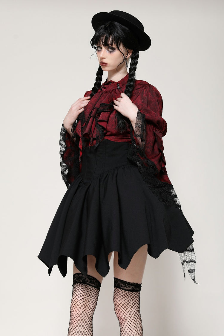 Red Multi-Layered Frilly Lace Long Hime Sleeves Lace-Up Women's Gothic Blouse - Product - 10