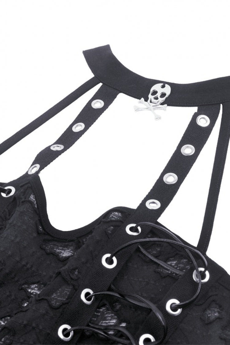 Black Halterneck Eyelet Lace-Up Ripped Women's Punk Tank Top - Product - 11