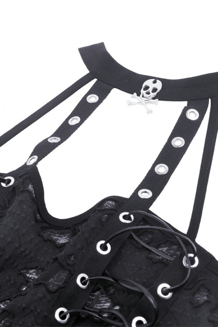 Black Halterneck Eyelet Lace-Up Ripped Women's Punk Tank Top - Product - 11